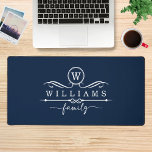 Monogram Custom Family Name White Script Desk Mat<br><div class="desc">Monogram Custom Family Name White Script Desk Mats features a monogram and personalised family name in elegant white script typography on a dark blue background. Perfect gift for family and friends for birthday,  Christmas,  Father's Day,  Mother's Day,  Grandparents,  wife,  husband,  mum,  dad and more. Designed by ©Evco Studio www.zazzle.com/store/evcostudio</div>
