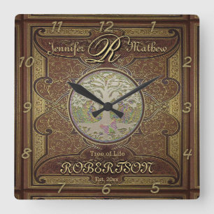 Monogram Custom Family Tree Anniversary Square Wall Clock