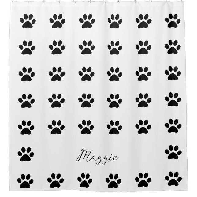 Monogram Custom Name Black White Paw Print Pattern Shower Curtain (Front)