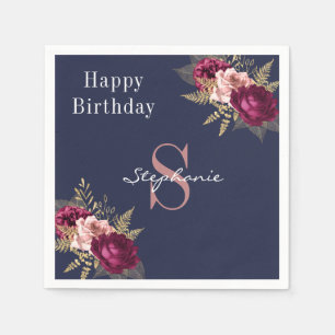 Monogram Custom Name Burgundy Pink Gold Floral Napkin