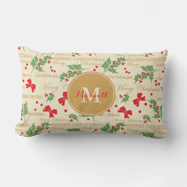 Monogram Custom Name Festive Merry Christmas Lumbar Cushion (Front)