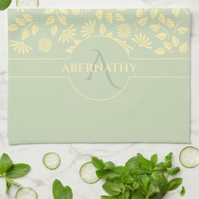 Monogram Custom Name Leaves Daisies Pastel Green Tea Towel (Folded)