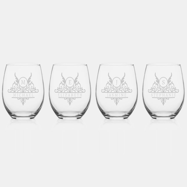 Monogram Custom Name Ornate Personalised Stemless Wine Glass (Front)