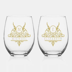 Monogram Custom Name Ornate Personalised Stemless Wine Glass