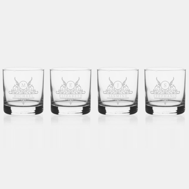 Monogram Custom Name Ornate Personalised Whiskey Glass (Front)