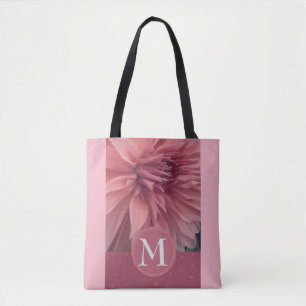 monogram custom personalised pink flower art tote bag