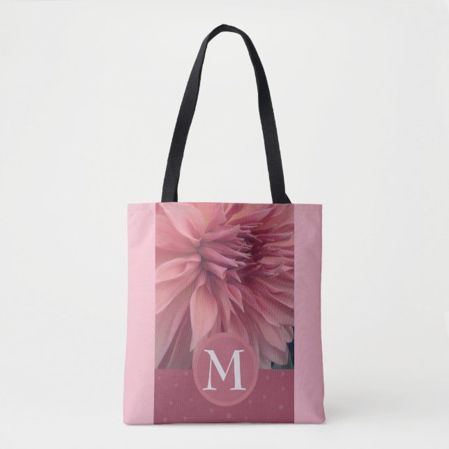 monogram custom personalised pink flower art  tote bag (Front)