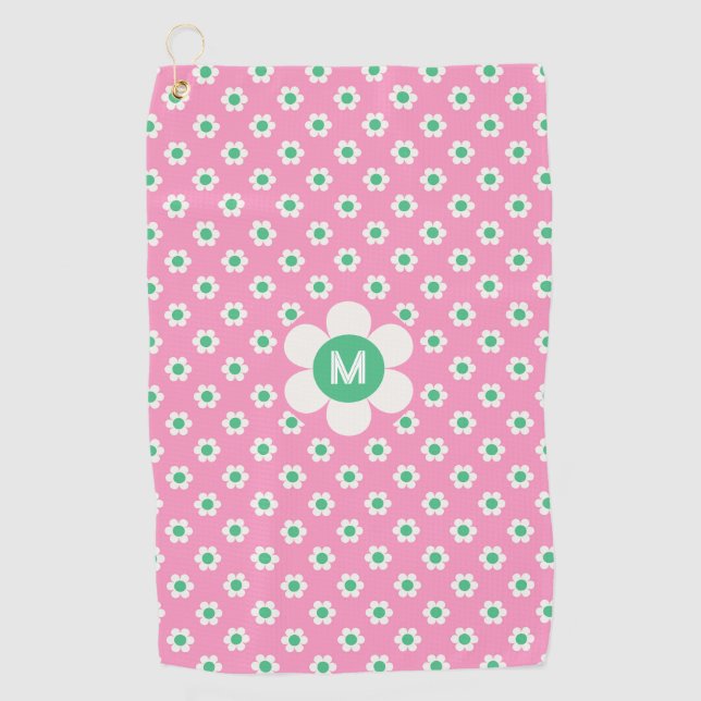 Monogram Custom Retro Daisies Pink and Green Golf  Golf Towel (Front)