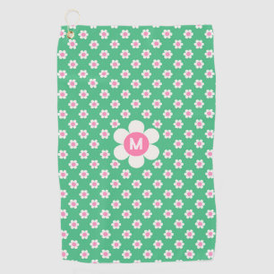 Monogram Custom Retro Daisies Pink and Green Golf Towel