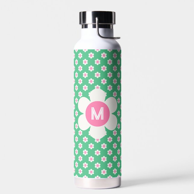 Monogram Custom Retro Daisies Pink and Green Water Bottle (Left)