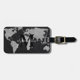 Monogram Custom World Map Black Glitter Custom Luggage Tag