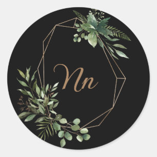 Monogram customisable gold frame green branch  classic round sticker