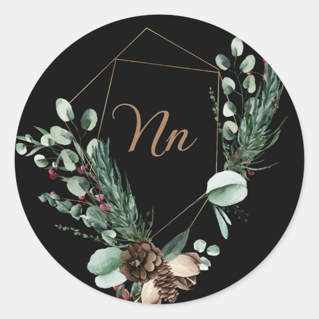 Monogram customisable gold frame green branch  classic round sticker (Front)