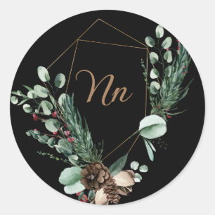 Monogram customisable gold frame green branch  classic round sticker