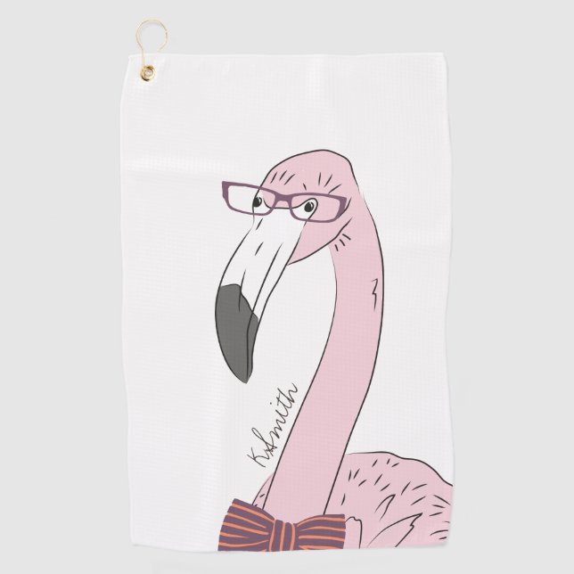 Monogram Cute and Funny Flamingo Hipster Golf Towel (Front)
