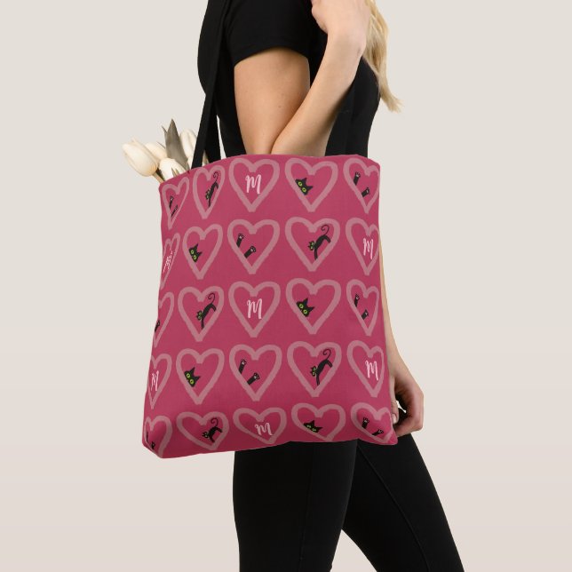 Monogram Cute Black Cat Hearts Valentines Day Tote Bag (Close Up)