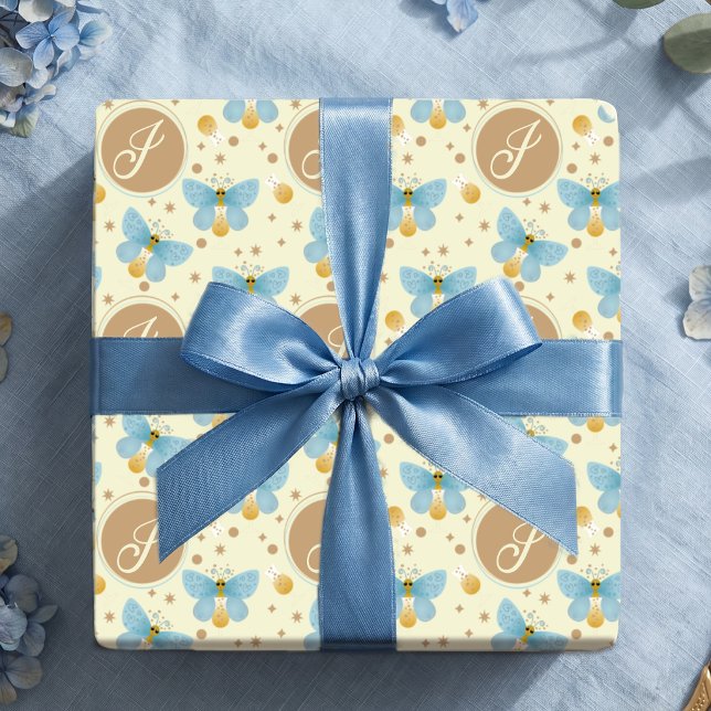 Monogram Cute Blue Butterflies Wrapping Paper (Blue wings, gold dots, butterflies and their initial. A cute way to wrap up any gift. Customize it.)