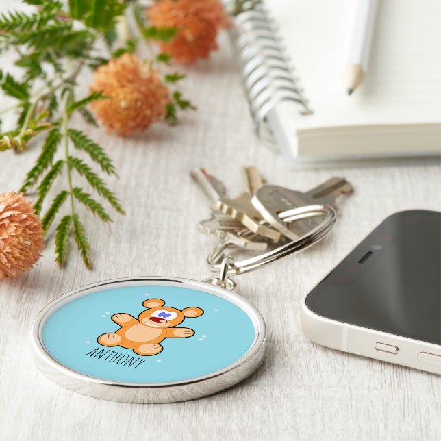 Monogram cute brown teddy bear on blue key ring (Side)