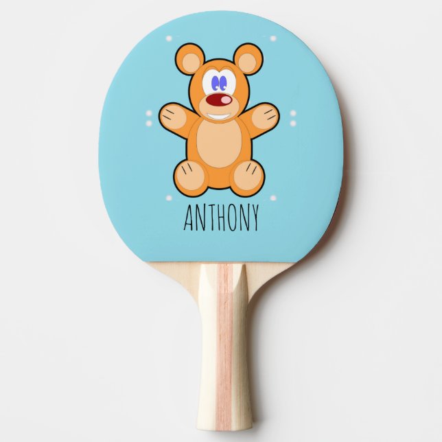 Monogram cute brown teddy bear on blue ping pong paddle (Front)