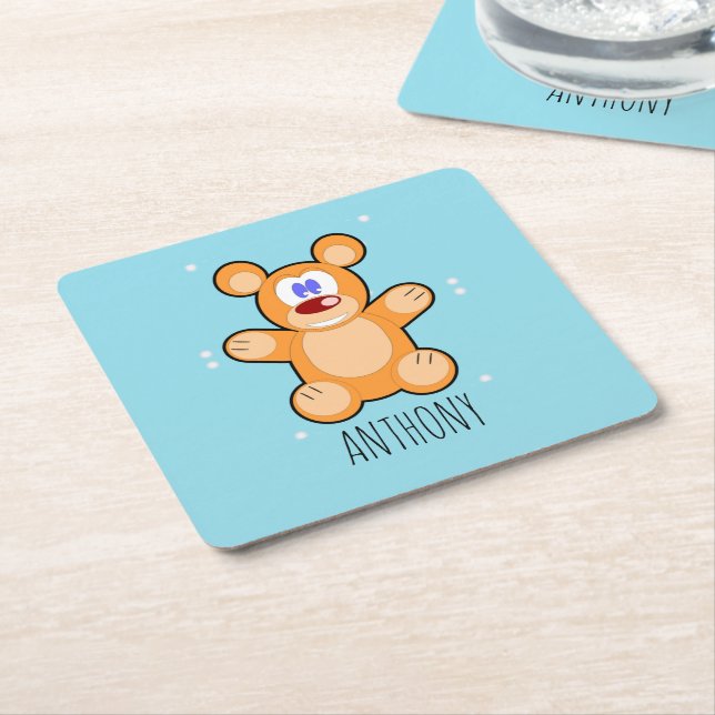 Monogram cute brown teddy bear on blue square paper coaster (Angled)