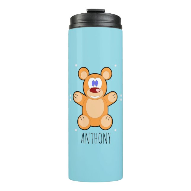 Monogram cute brown teddy bear on blue thermal tumbler (Front)