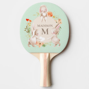 Monogram Cute Bunny Rabbits Floral Personalised Ping Pong Paddle