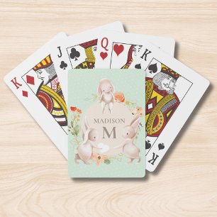 Monogram Cute Bunny Rabbits Floral Personalised Playing Cards