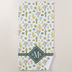 Monogram Cute Cactus Standing Pattern Beach Towel