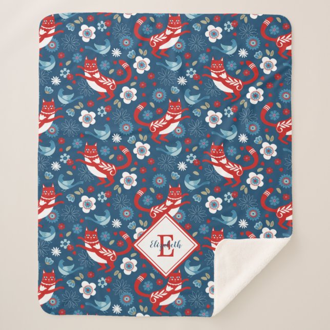 Monogram Cute Cat Lovers Sherpa Blanket (Front)