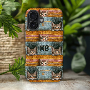 Monogram Cute Cats Knitted Girly Personalised iPhone 16 Case