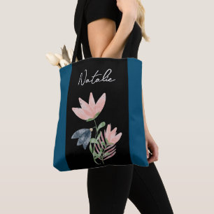 Monogram cute contrast with floral Black and navy Tote Bag
