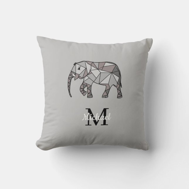 Monogram Cute Graphics Elephant Personalised Black Cushion (Front)