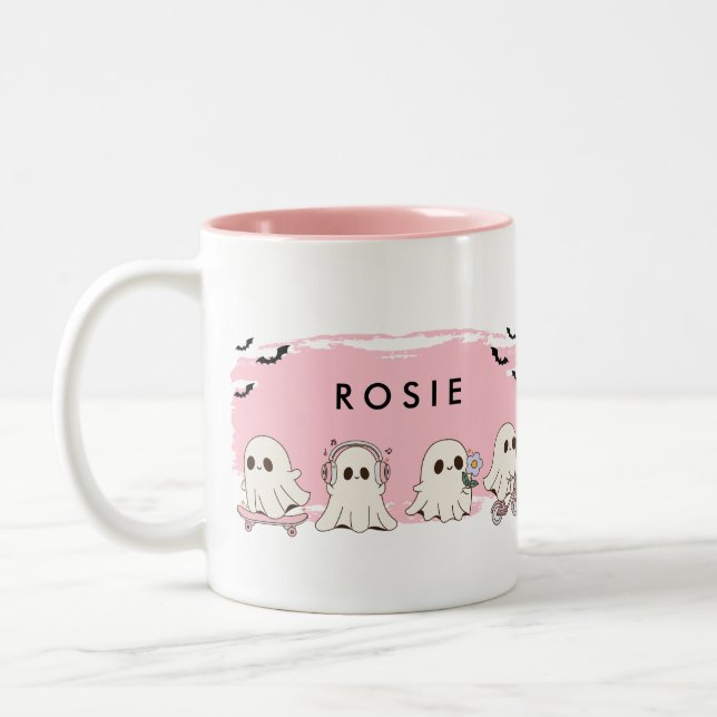 Monogram Cute Halloween Pink Ghosts Spooky Mug (Left)