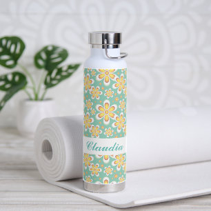 Monogram cute orange flowers on green water bottle