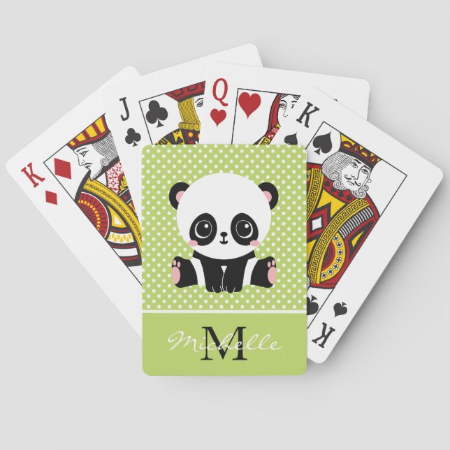 Monogram Cute Panda Bear Personalised Polka Dot Playing Cards (Back)