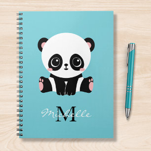 Monogram Cute Panda Personalised Bubble Gum Blue Notebook