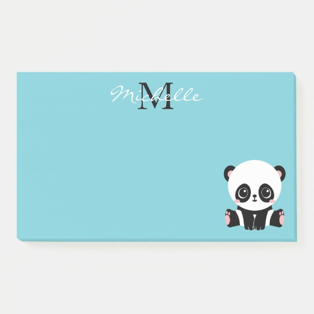 Monogram Cute Panda Personalised Bubble Gum Blue Post-it Notes (Front)
