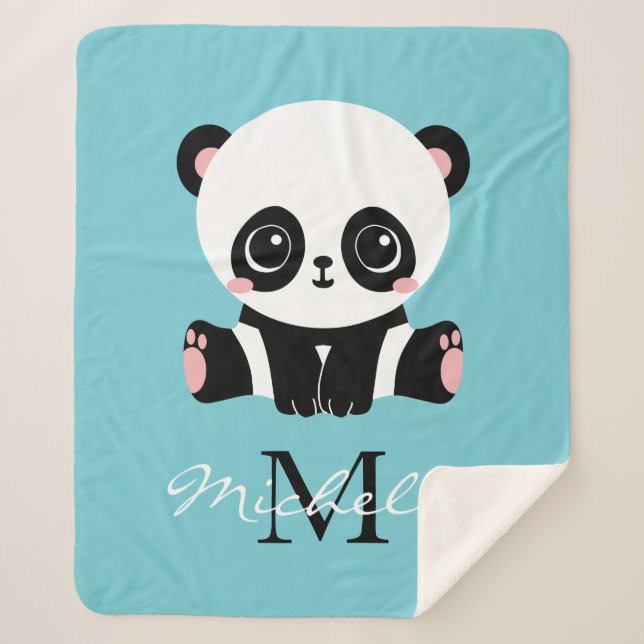 Monogram Cute Panda Personalised Bubble Gum Blue Sherpa Blanket (Front)