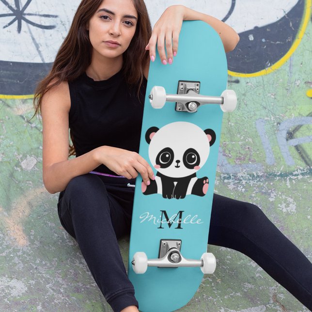 Monogram Cute Panda Personalised Bubble Gum Blue Skateboard (Creator Uploaded)