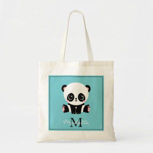 Monogram Cute Panda Personalised Bubble Gum Blue Tote Bag