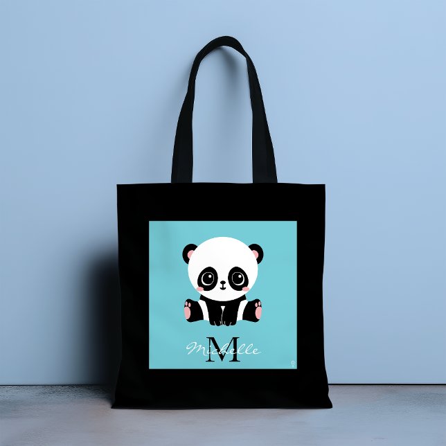 Monogram Cute Panda Personalised Bubble Gum Blue Tote Bag (Creator Uploaded)