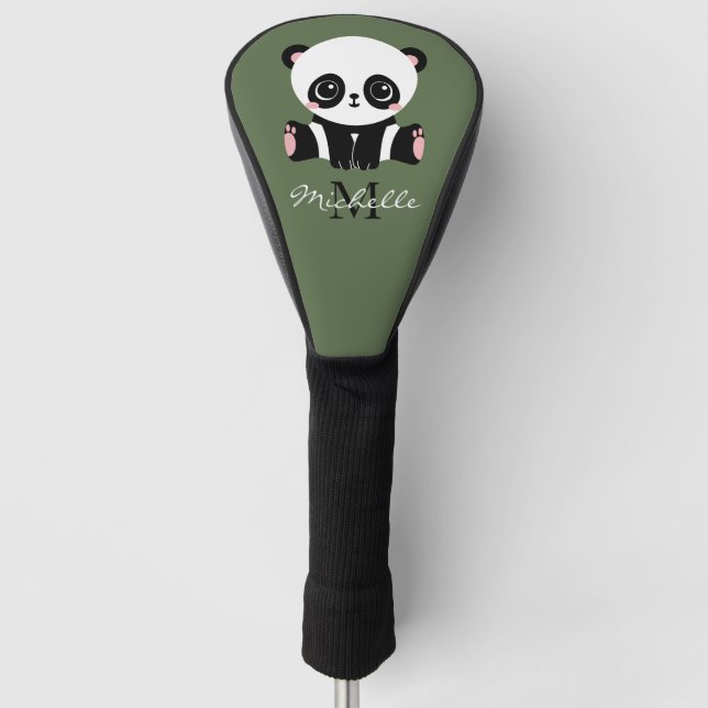 Monogram Cute Panda Personalised Name Green Golf Head Cover (Front)