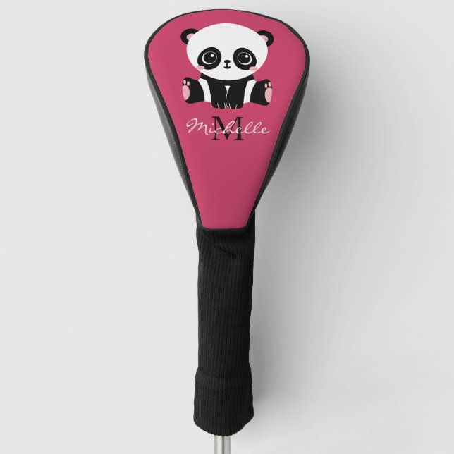 Monogram Cute Panda Personalised Name Purple Golf Head Cover (Front)