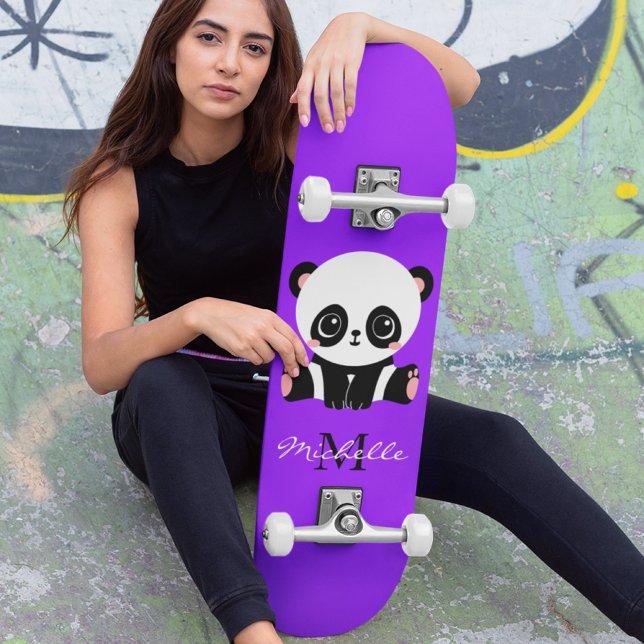 Monogram Cute Panda Personalised Purple Skateboard (Creator Uploaded)