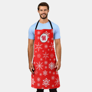 Monogram cute pattern snowflakes festive red chic apron