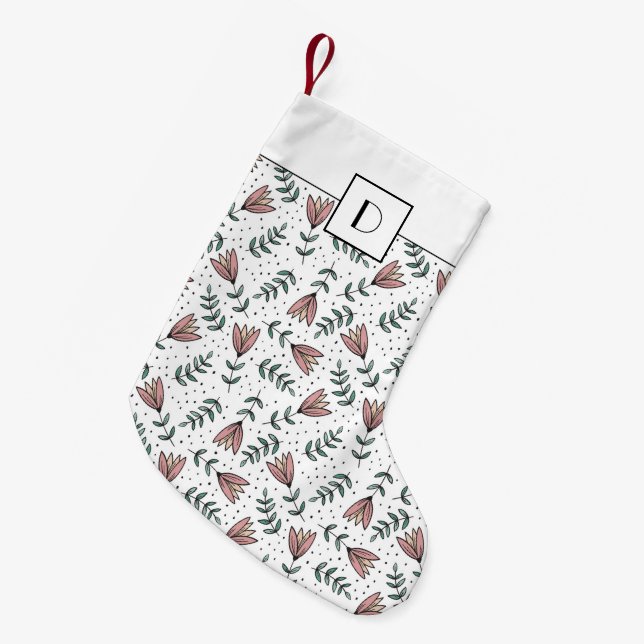 Monogram Cute Pink Floral Flowers Pattern Small Christmas Stocking (Front (Hanging))