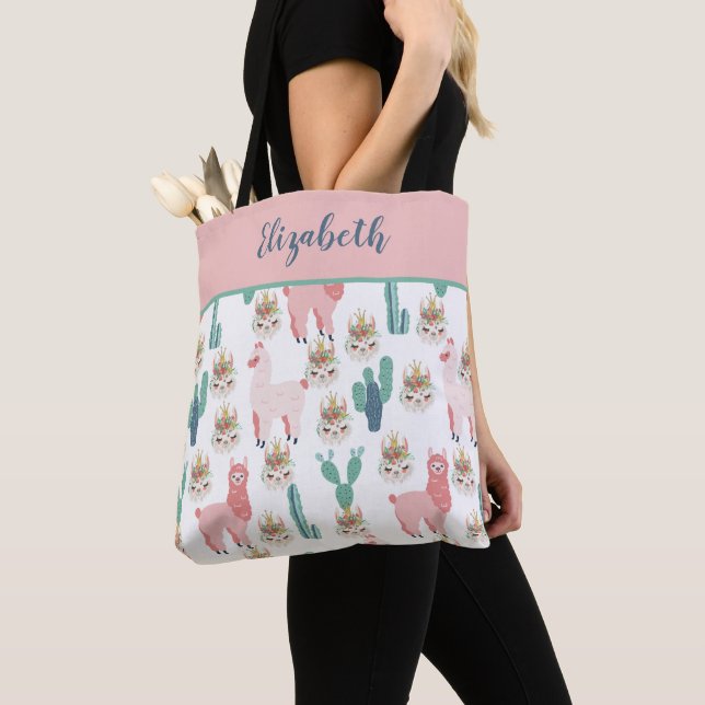Monogram Cute Pink Llama's Green Cactus Tote Bag (Close Up)
