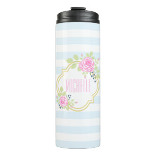 Monogram Cute Pink Roses Blueberry Thermal Tumbler