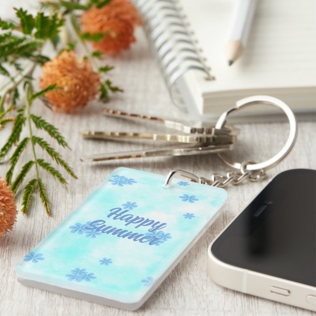 monogram cute retro blue floral initial script  key ring (Front Right)
