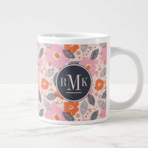 Monogram Cute Retro Floral Pattern Large Coffee Mug
